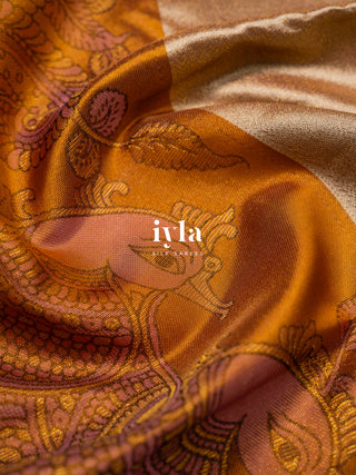 The Indian Kalamkari Peacock Kanjeevaram in Almond Beige