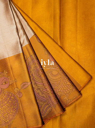 The Indian Kalamkari Peacock Kanjeevaram in Almond Beige