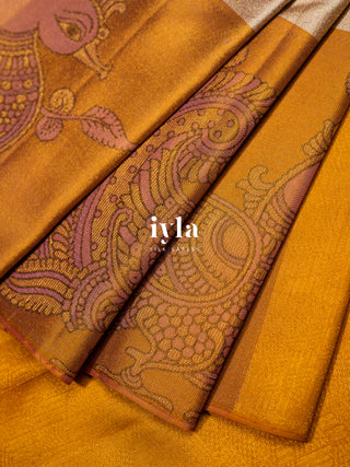 The Indian Kalamkari Peacock Kanjeevaram in Almond Beige