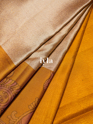The Indian Kalamkari Peacock Kanjeevaram in Almond Beige
