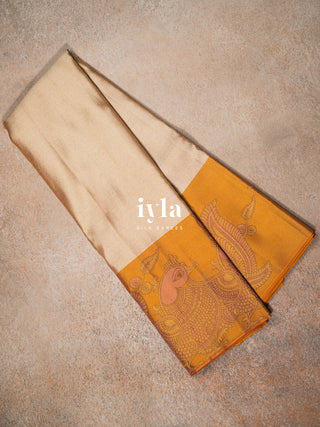 The Indian Kalamkari Peacock Kanjeevaram in Almond Beige