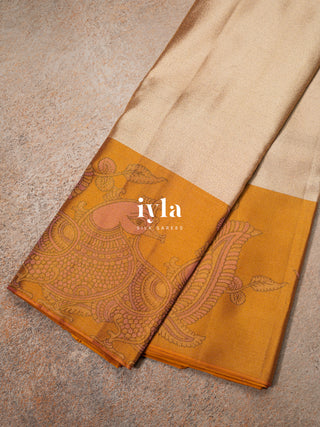 The Indian Kalamkari Peacock Kanjeevaram in Almond Beige