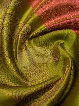 The Indian Kalamkari Peacock Kanjeevaram in Cranberry Pink