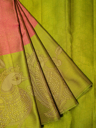 The Indian Kalamkari Peacock Kanjeevaram in Cranberry Pink
