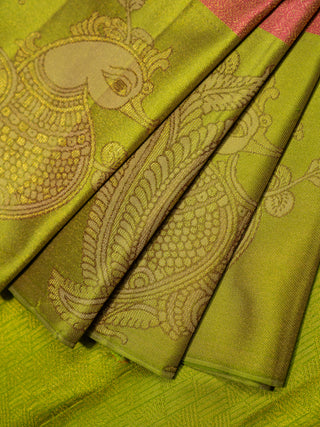 The Indian Kalamkari Peacock Kanjeevaram in Cranberry Pink
