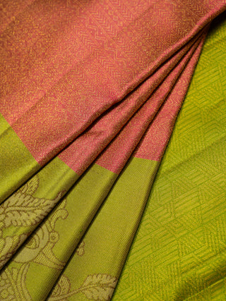 The Indian Kalamkari Peacock Kanjeevaram in Cranberry Pink