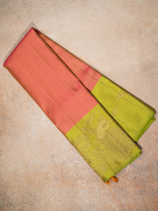 The Indian Kalamkari Peacock Kanjeevaram in Cranberry Pink