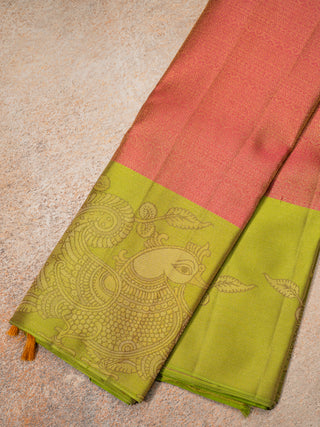 The Indian Kalamkari Peacock Kanjeevaram in Cranberry Pink