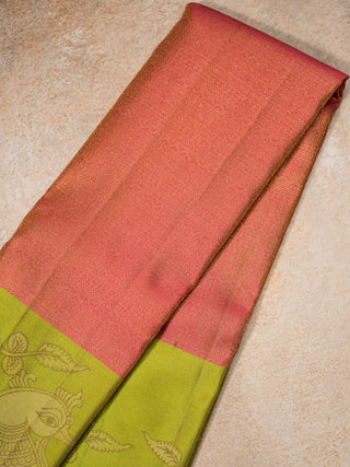 The Indian Kalamkari Peacock Kanjeevaram in Cranberry Pink