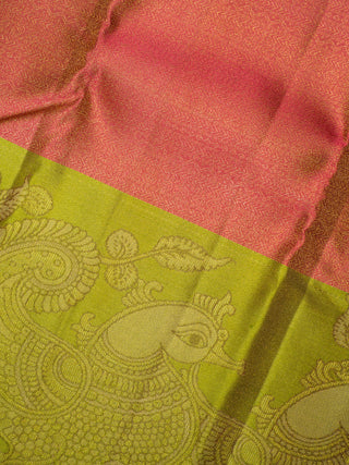 The Indian Kalamkari Peacock Kanjeevaram in Cranberry Pink