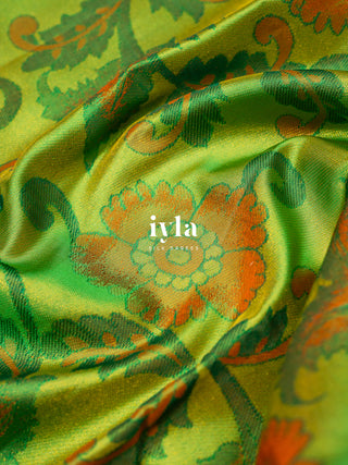 The Kalamkari Floral Kanjeevaram in Chartreuse Green