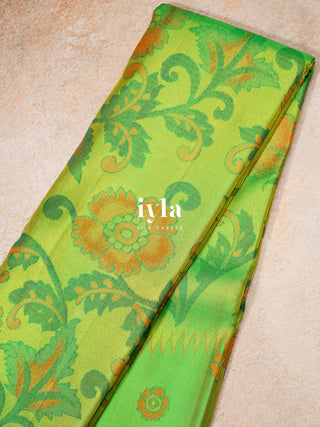 The Kalamkari Floral Kanjeevaram in Chartreuse Green
