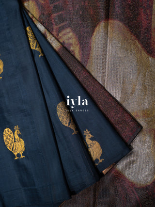 The Ravi Varma's Galaxy of Musicians Silk Saree in Prussian Blue