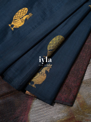 The Ravi Varma's Galaxy of Musicians Silk Saree in Prussian Blue