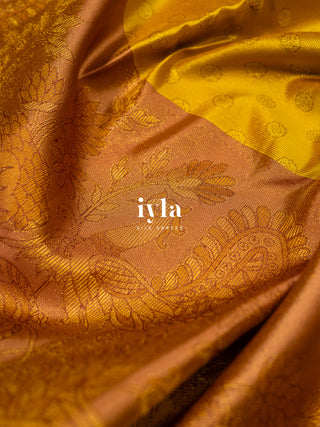 The Indian Kalamkari Peacock Kanjeevaram in Ochre Yellow