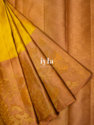 The Indian Kalamkari Peacock Kanjeevaram in Ochre Yellow