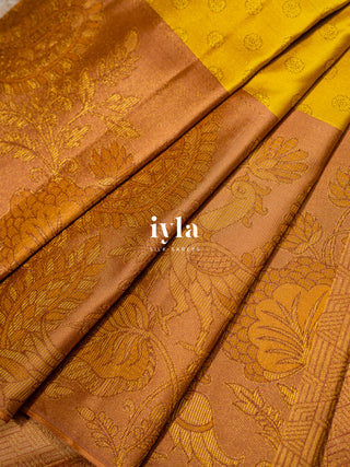 The Indian Kalamkari Peacock Kanjeevaram in Ochre Yellow
