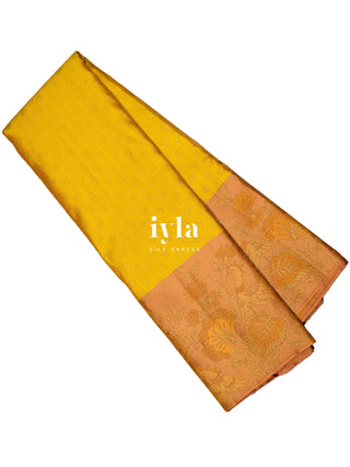 The Indian Kalamkari Peacock Kanjeevaram in Ochre Yellow