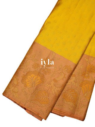 The Indian Kalamkari Peacock Kanjeevaram in Ochre Yellow