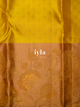 The Indian Kalamkari Peacock Kanjeevaram in Ochre Yellow