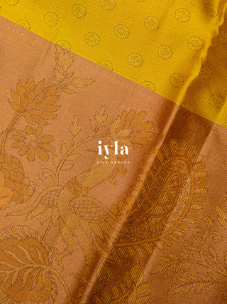 The Indian Kalamkari Peacock Kanjeevaram in Ochre Yellow