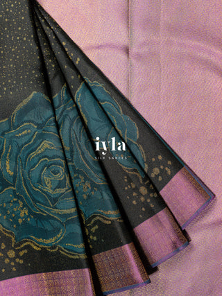The Obsidian Black Damask Rose Kanjeevaram