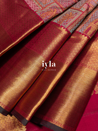 The Haveli Painting Inspired Kanjeevaram in Pink Ruby