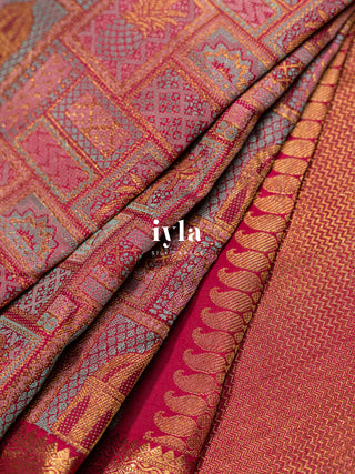 The Haveli Painting Inspired Kanjeevaram in Pink Ruby