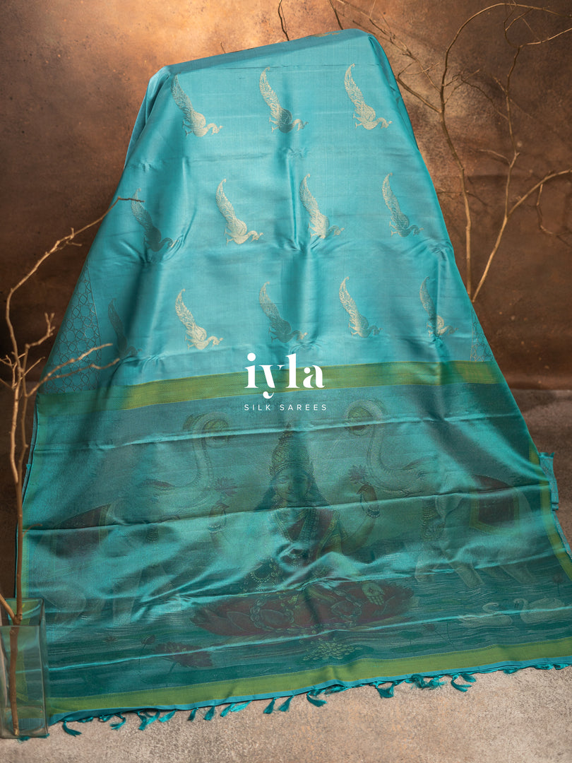 The Tiffany Blue Dual Pallu Mahalakshmi - Peacock Kanjeevaram